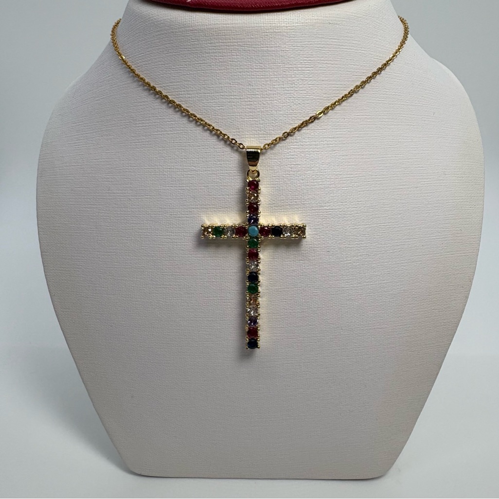 Multi Cross Pendant Necklace In 18 Karat Gold Over Brass With Chain Brand New